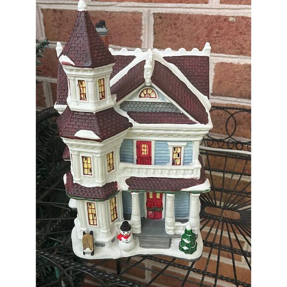 Christmas Village House  Lighted Ceramic Porcelain Blue Victorian Snow - Picture 1 of 16